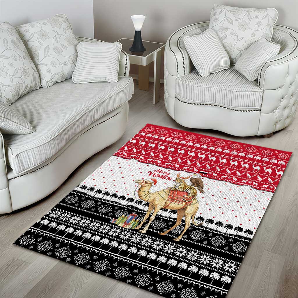 Yemen Christmas Area Rug with Camel Leopard Falcon Red Black White Snowflake - Wonder Print Shop