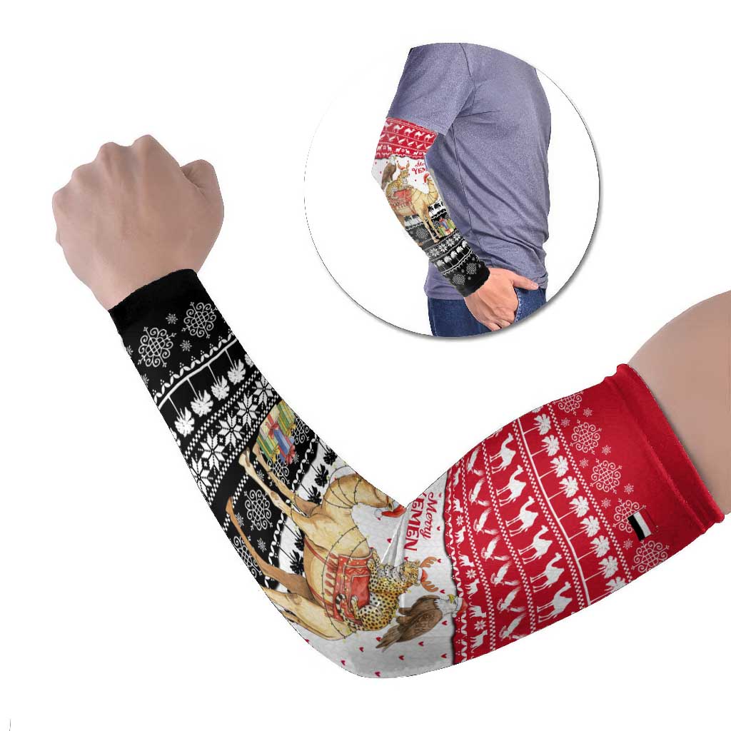 Yemen Christmas Arm Sleeves with Camel Leopard Falcon Red Black White Snowflake - Wonder Print Shop