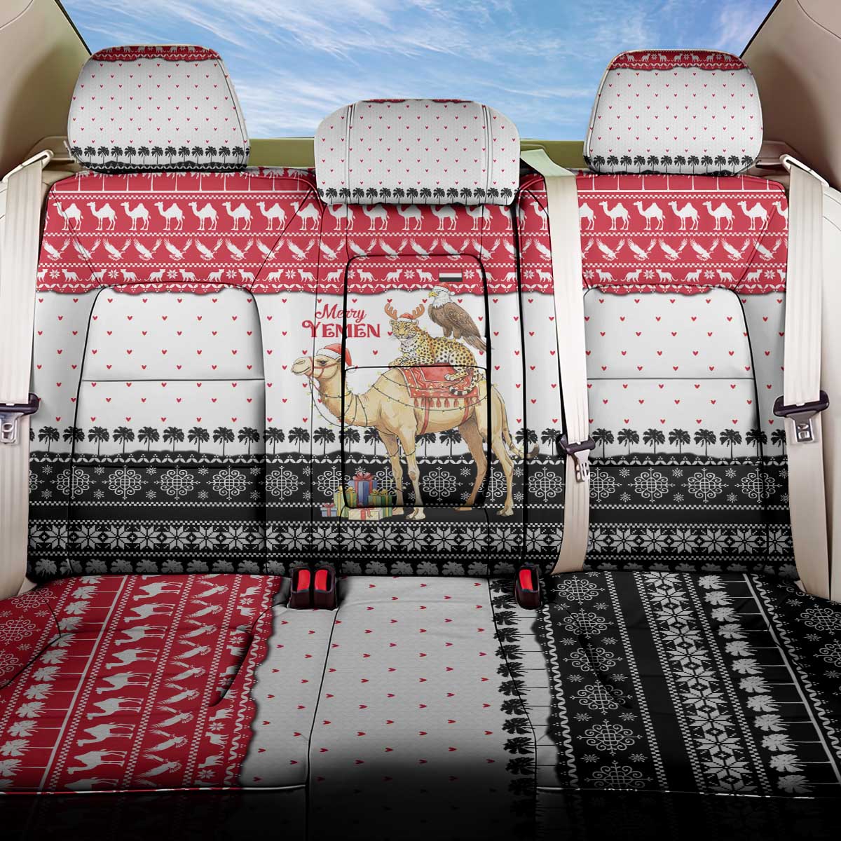 Yemen Christmas Back Car Seat Cover with Camel Leopard Falcon Red Black White Snowflake - Wonder Print Shop