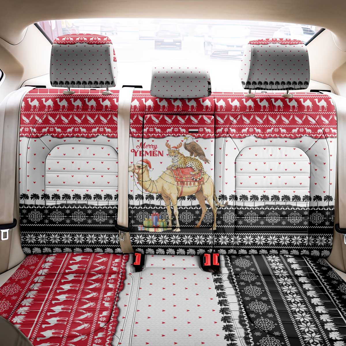 Yemen Christmas Back Car Seat Cover with Camel Leopard Falcon Red Black White Snowflake - Wonder Print Shop