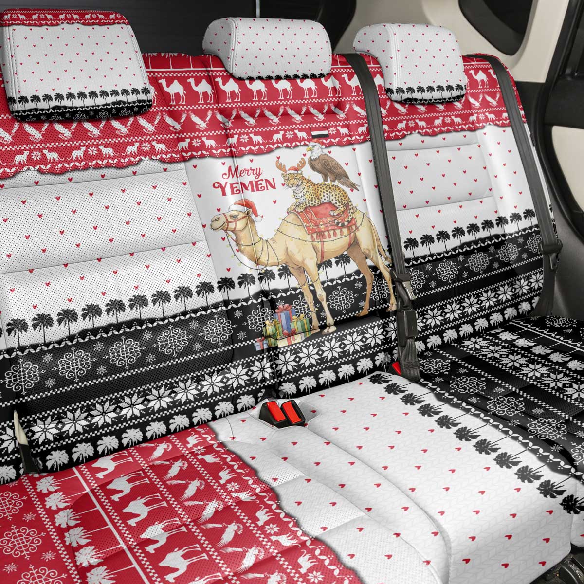 Yemen Christmas Back Car Seat Cover with Camel Leopard Falcon Red Black White Snowflake - Wonder Print Shop