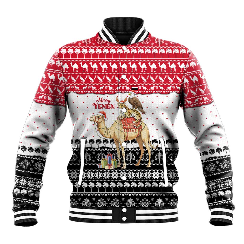 Yemen Christmas Baseball Jacket with Camel Leopard Falcon Red Black White Snowflake - Wonder Print Shop