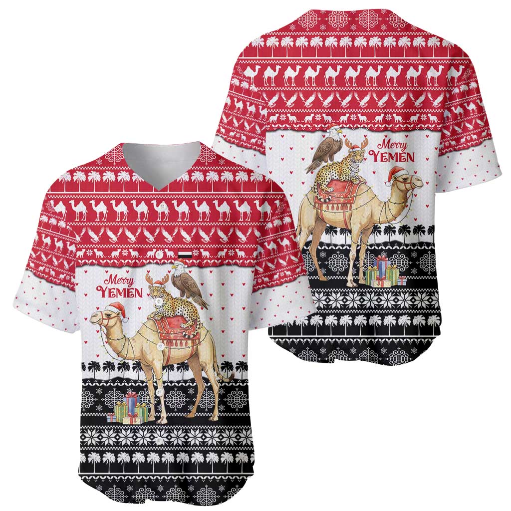 Yemen Christmas Baseball Jersey with Camel Leopard Falcon Red Black White Snowflake - Wonder Print Shop