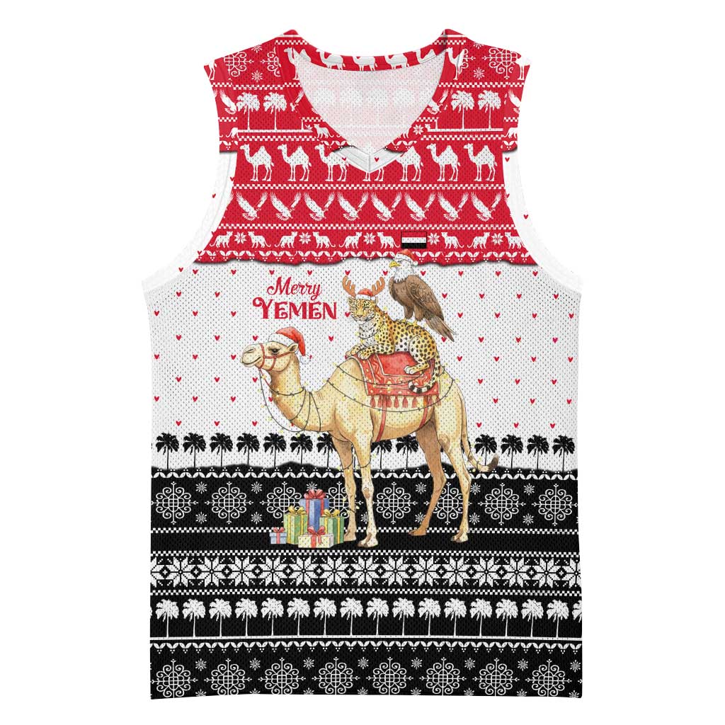 Yemen Christmas Basketball Jersey with Camel Leopard Falcon Red Black White Snowflake - Wonder Print Shop