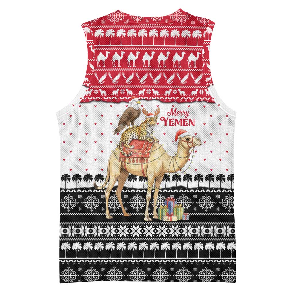 Yemen Christmas Basketball Jersey with Camel Leopard Falcon Red Black White Snowflake - Wonder Print Shop