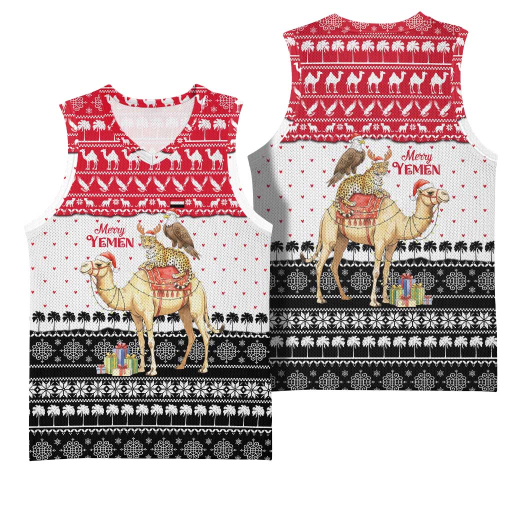 Yemen Christmas Basketball Jersey with Camel Leopard Falcon Red Black White Snowflake - Wonder Print Shop