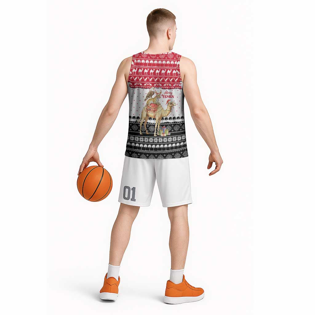 Yemen Christmas Basketball Jersey with Camel Leopard Falcon Red Black White Snowflake - Wonder Print Shop