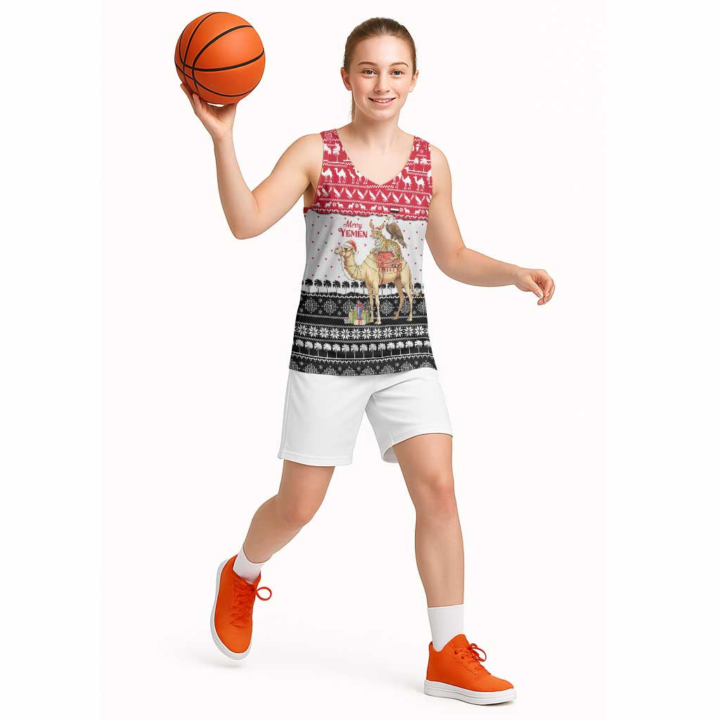 Yemen Christmas Basketball Jersey with Camel Leopard Falcon Red Black White Snowflake - Wonder Print Shop