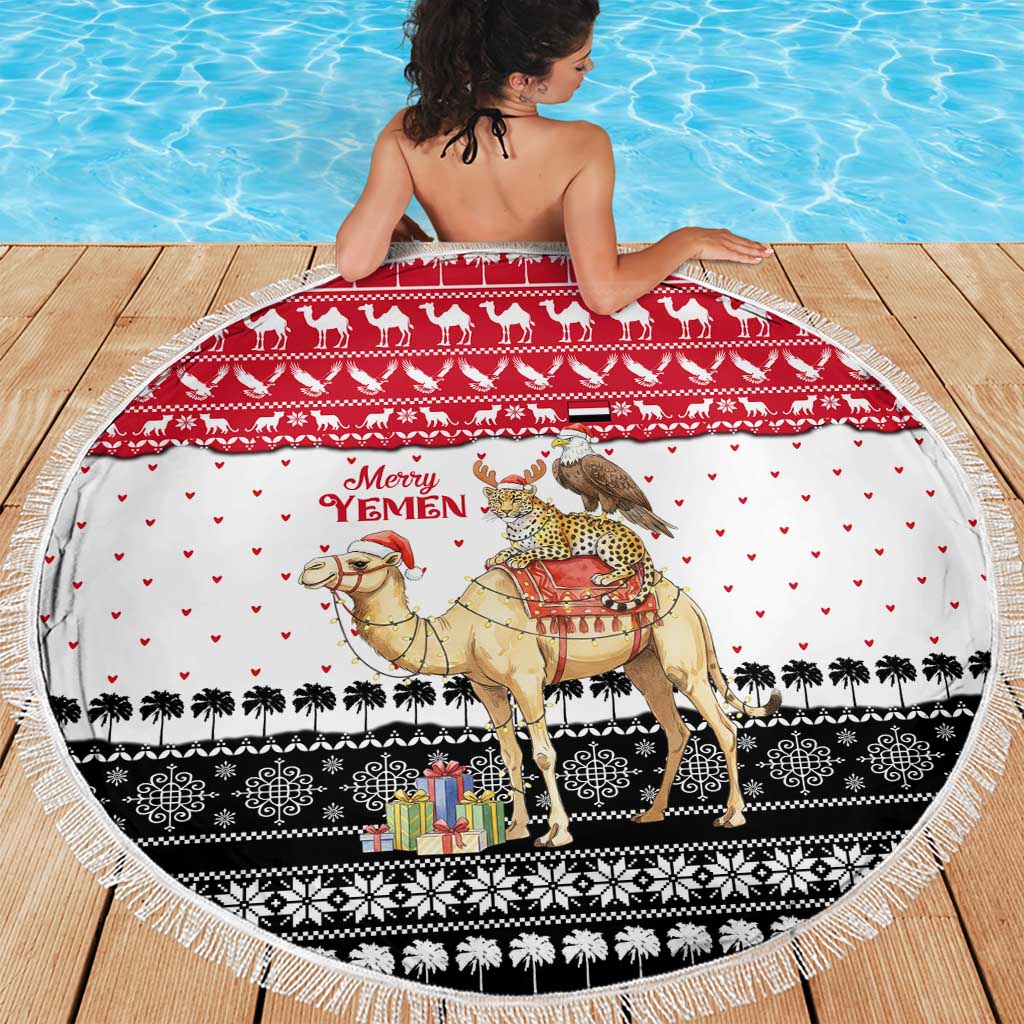 Yemen Christmas Beach Blanket with Camel Leopard Falcon Red Black White Snowflake - Wonder Print Shop