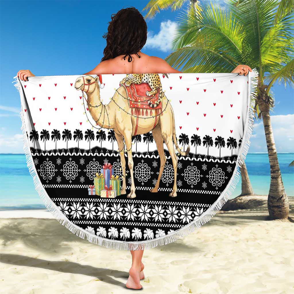 Yemen Christmas Beach Blanket with Camel Leopard Falcon Red Black White Snowflake - Wonder Print Shop