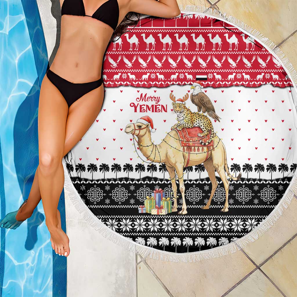 Yemen Christmas Beach Blanket with Camel Leopard Falcon Red Black White Snowflake - Wonder Print Shop