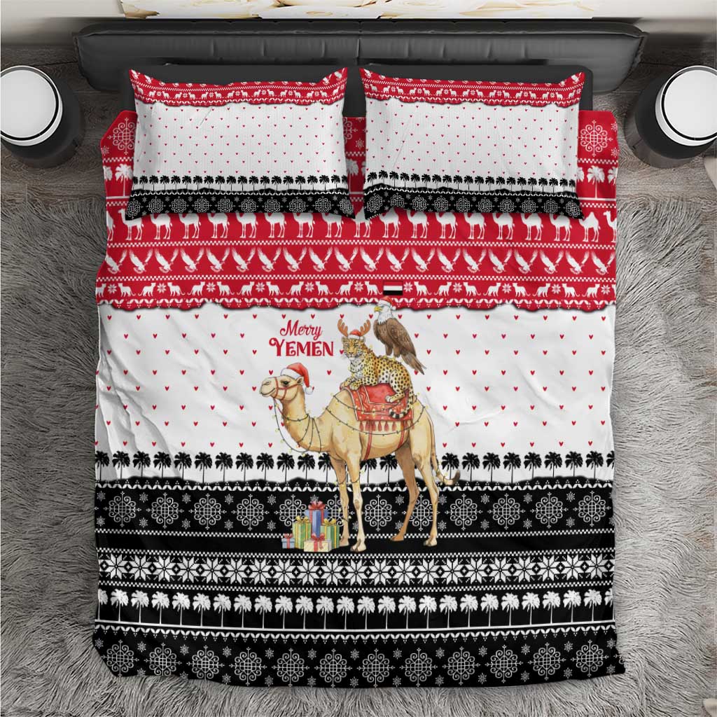 Yemen Christmas Bedding Set with Camel Leopard Falcon Red Black White Snowflake - Wonder Print Shop