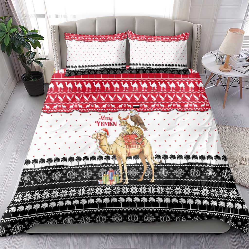Yemen Christmas Bedding Set with Camel Leopard Falcon Red Black White Snowflake - Wonder Print Shop