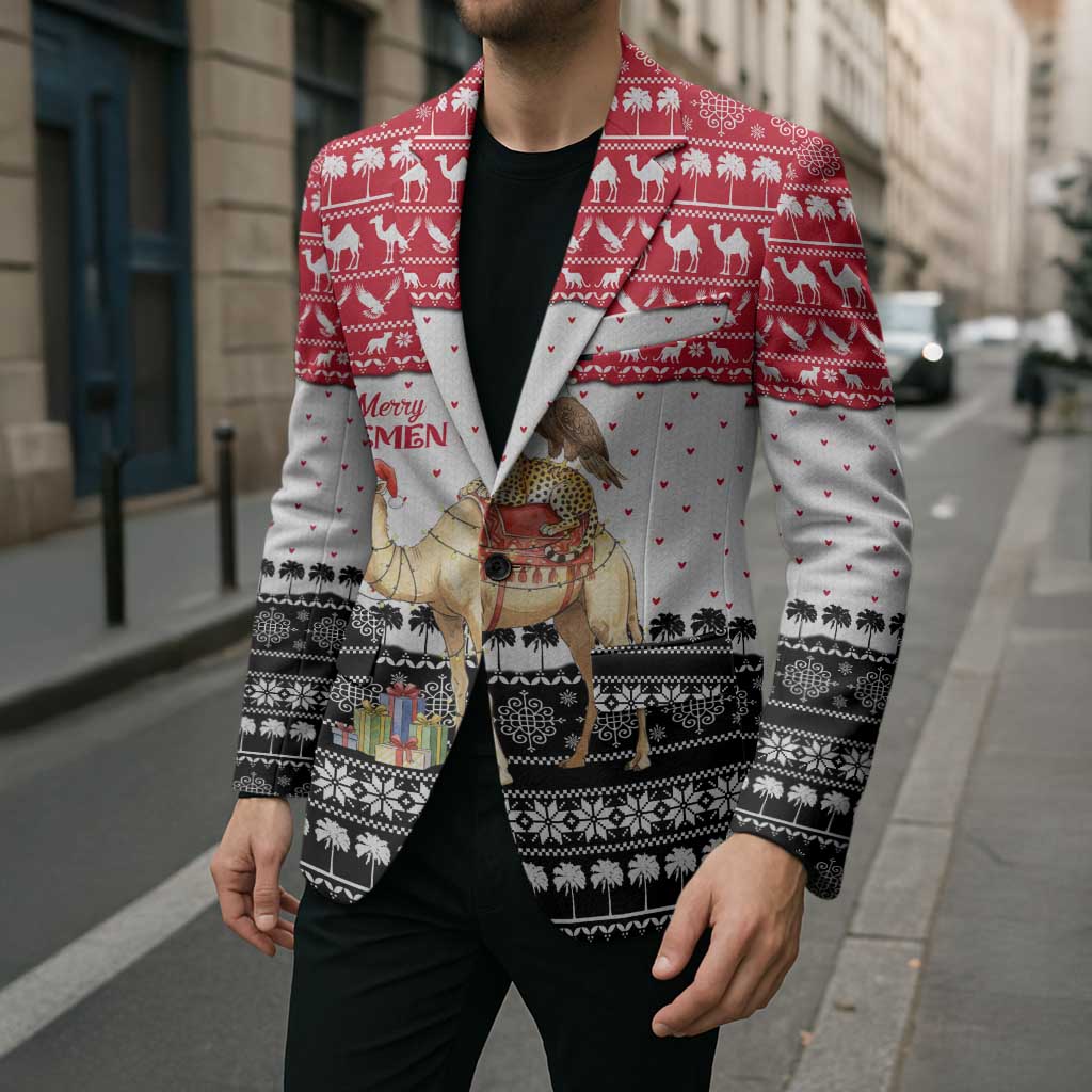Yemen Christmas Blazer with Camel Leopard Falcon Red Black White Snowflake - Wonder Print Shop