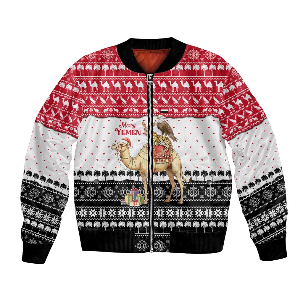 Yemen Christmas Bomber Jacket with Camel Leopard Falcon Red Black White Snowflake - Wonder Print Shop