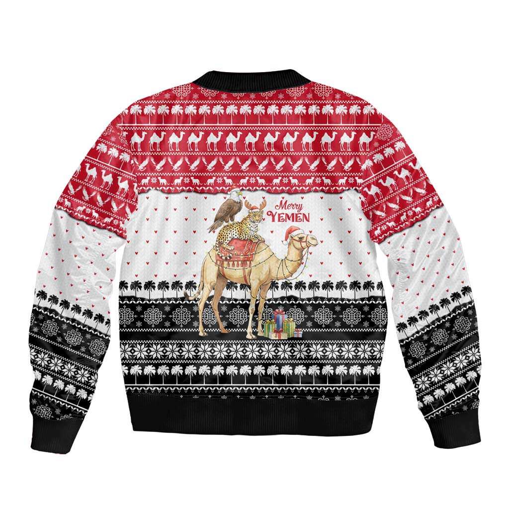 Yemen Christmas Bomber Jacket with Camel Leopard Falcon Red Black White Snowflake - Wonder Print Shop