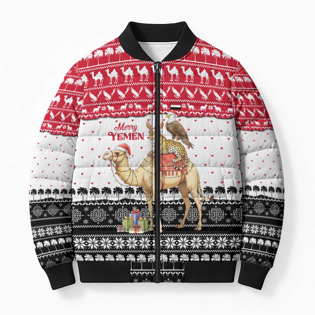 Yemen Christmas Bomber Puffer Jacket with Camel Leopard Falcon Red Black White Snowflake - Wonder Print Shop