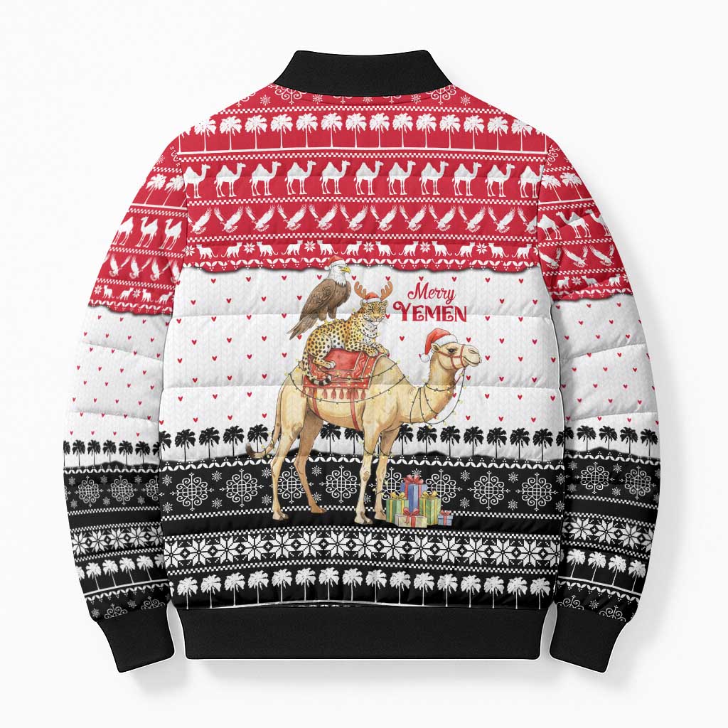 Yemen Christmas Bomber Puffer Jacket with Camel Leopard Falcon Red Black White Snowflake - Wonder Print Shop