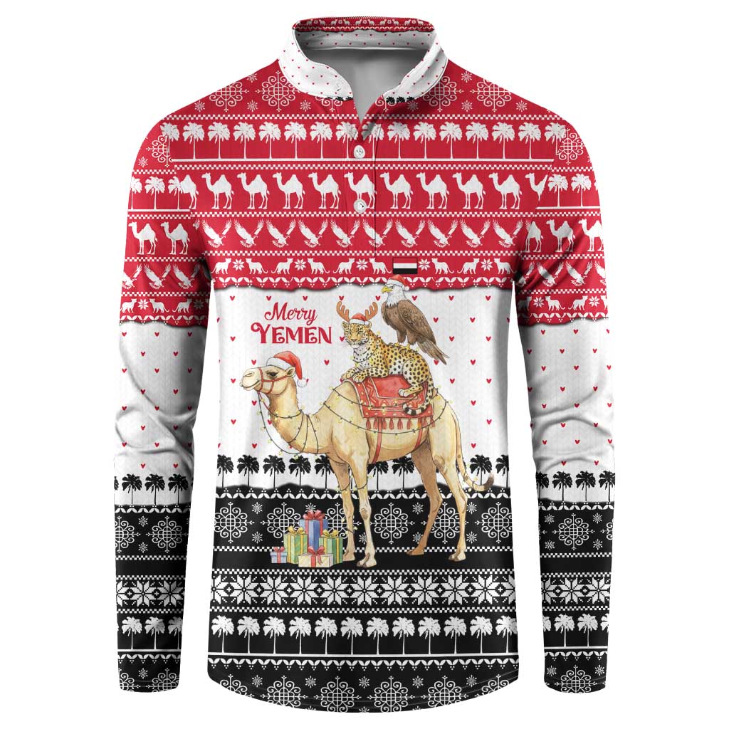 Yemen Christmas Button Sweatshirt with Camel Leopard Falcon Red Black White Snowflake - Wonder Print Shop