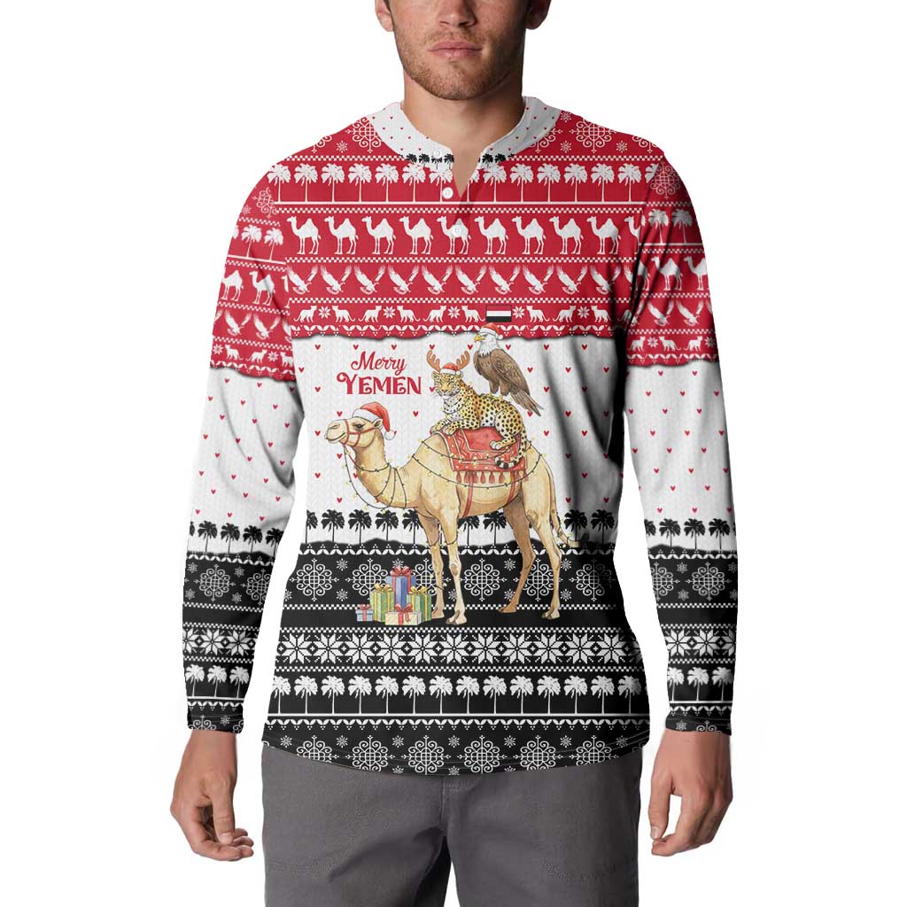 Yemen Christmas Button Sweatshirt with Camel Leopard Falcon Red Black White Snowflake - Wonder Print Shop
