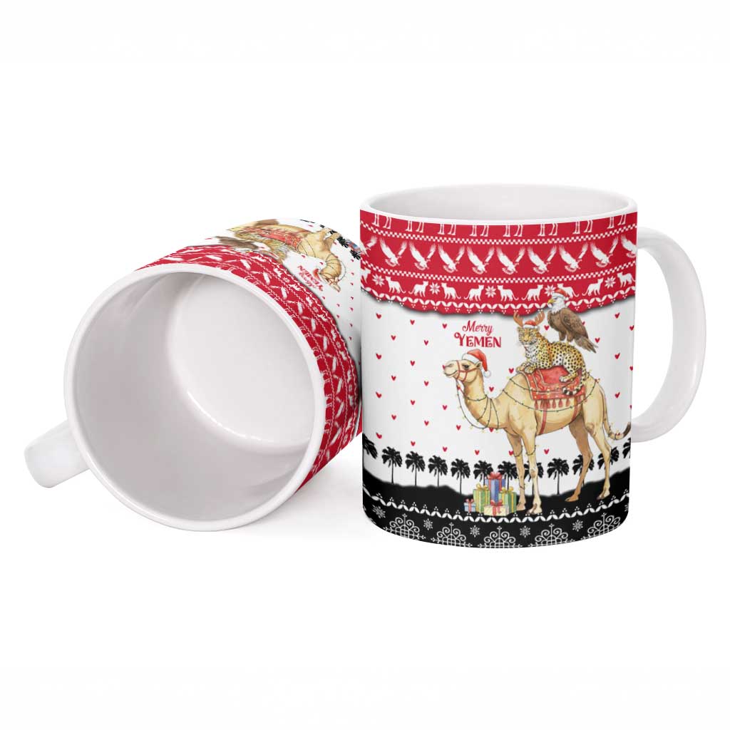 Yemen Christmas Ceramic Mug with Camel Leopard Falcon Red Black White Snowflake - Wonder Print Shop
