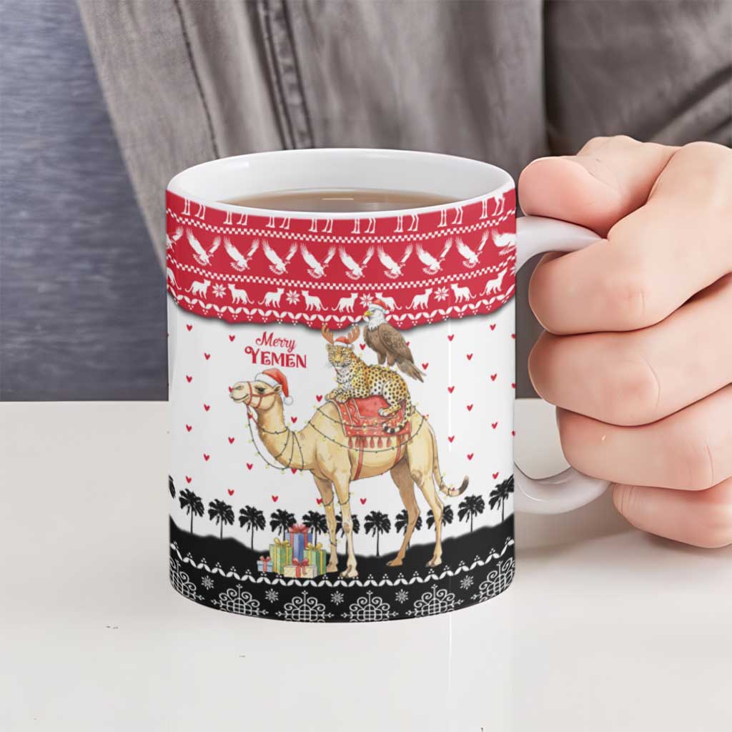 Yemen Christmas Ceramic Mug with Camel Leopard Falcon Red Black White Snowflake - Wonder Print Shop