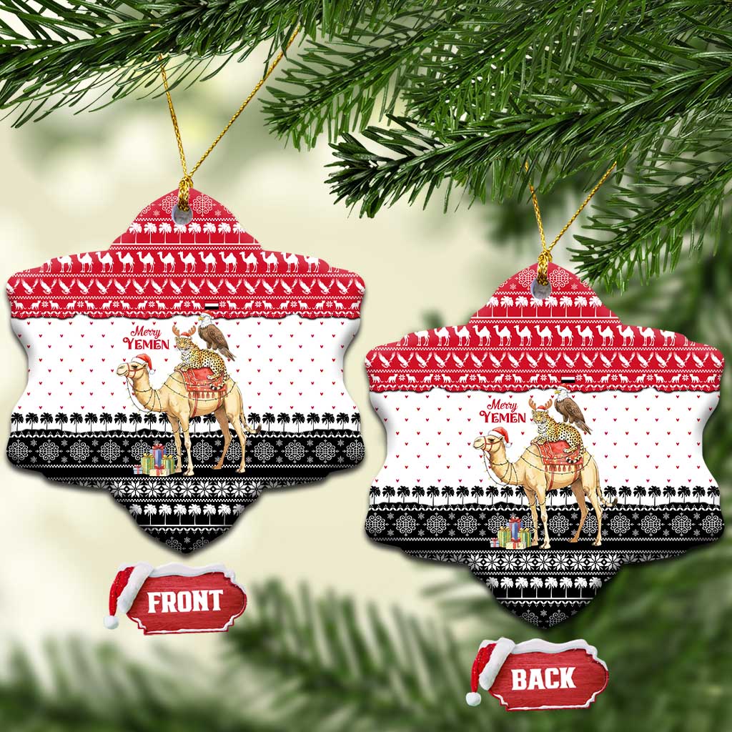 Yemen Christmas Ceramic Ornament with Camel Leopard Falcon Red Black White Snowflake - Wonder Print Shop
