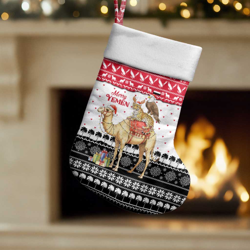 Yemen Christmas Stocking with Camel Leopard Falcon Red Black White Snowflake - Wonder Print Shop