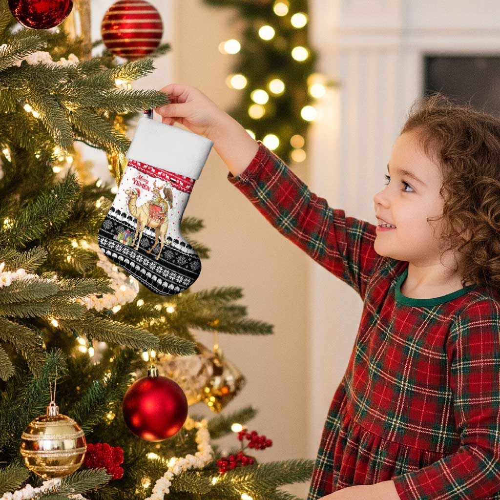 Yemen Christmas Stocking with Camel Leopard Falcon Red Black White Snowflake - Wonder Print Shop