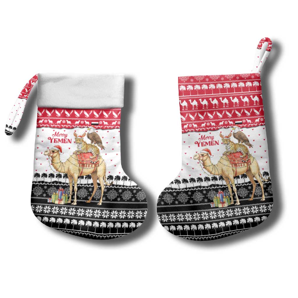 Yemen Christmas Stocking with Camel Leopard Falcon Red Black White Snowflake - Wonder Print Shop