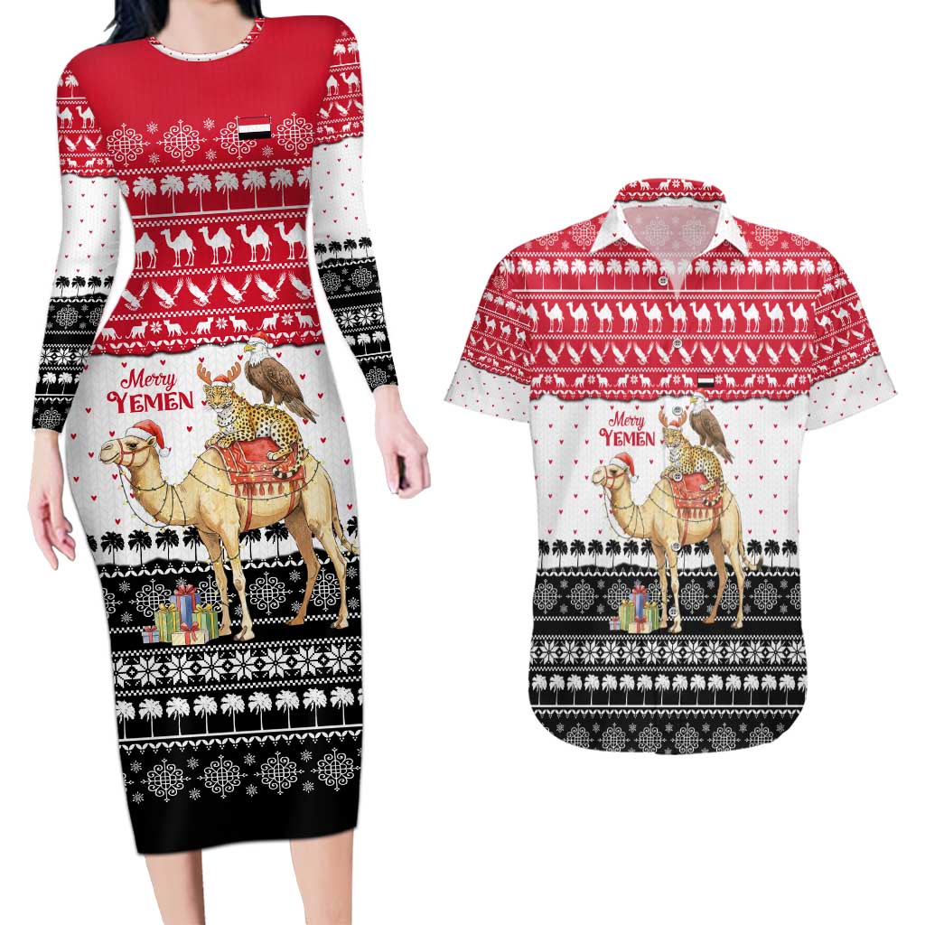 Yemen Christmas Couples Matching Long Sleeve Bodycon Dress and Hawaiian Shirt with Camel Leopard Falcon Red Black White Snowflake - Wonder Print Shop