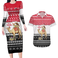 Yemen Christmas Couples Matching Long Sleeve Bodycon Dress and Hawaiian Shirt with Camel Leopard Falcon Red Black White Snowflake - Wonder Print Shop