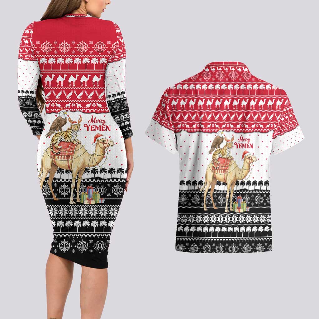 Yemen Christmas Couples Matching Long Sleeve Bodycon Dress and Hawaiian Shirt with Camel Leopard Falcon Red Black White Snowflake - Wonder Print Shop