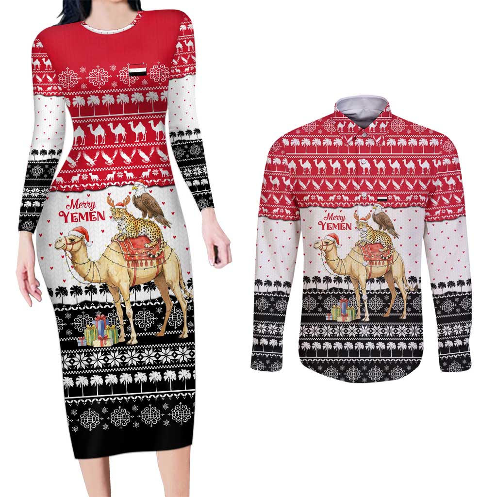 Yemen Christmas Couples Matching Long Sleeve Bodycon Dress and Long Sleeve Button Shirt with Camel Leopard Falcon Red Black White Snowflake - Wonder Print Shop