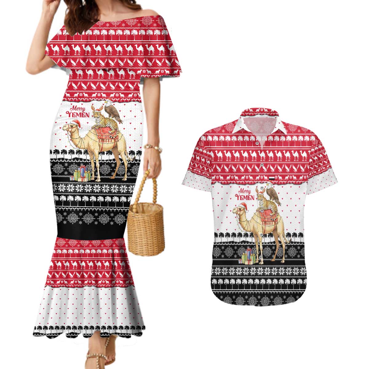 Yemen Christmas Couples Matching Mermaid Dress and Hawaiian Shirt with Camel Leopard Falcon Red Black White Snowflake - Wonder Print Shop