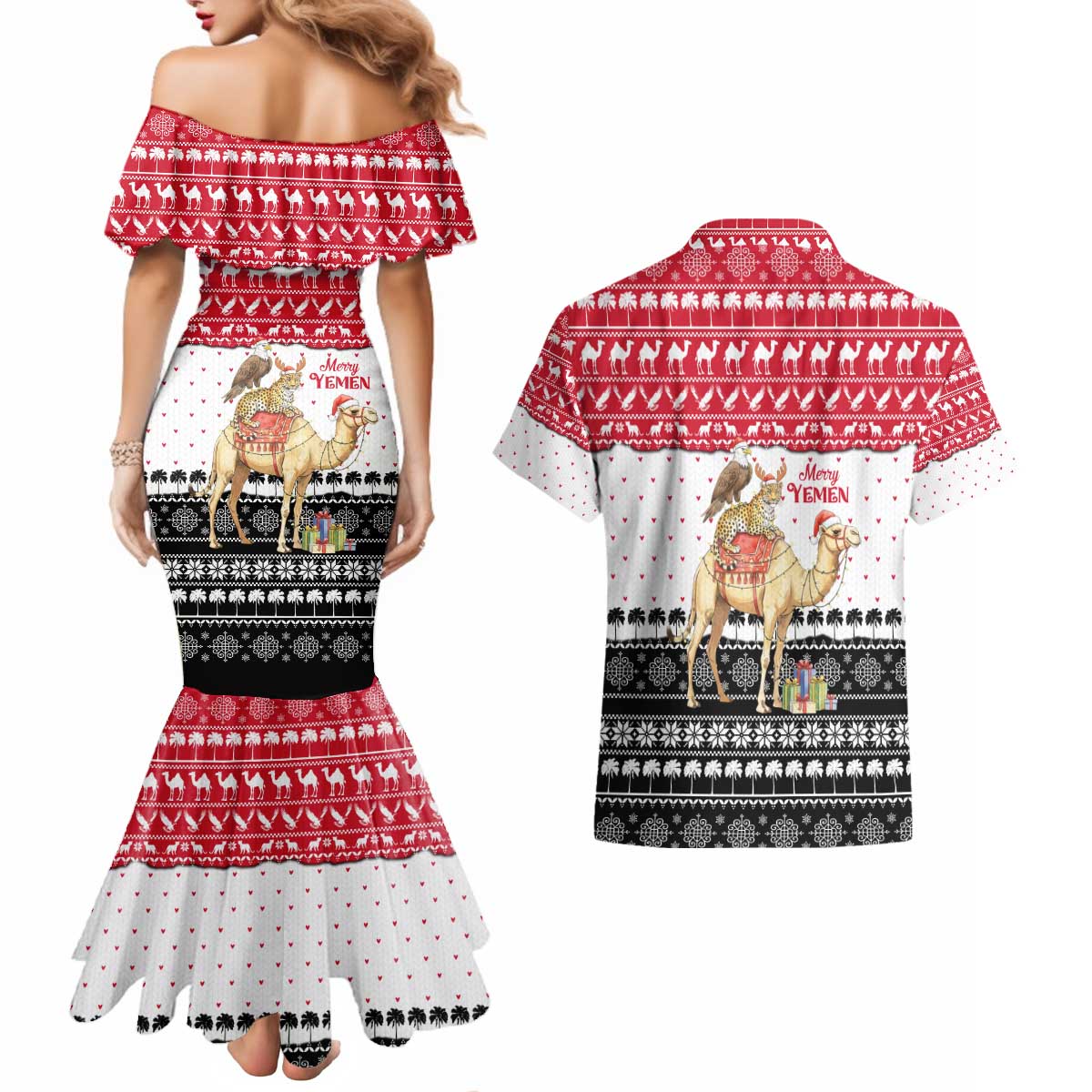Yemen Christmas Couples Matching Mermaid Dress and Hawaiian Shirt with Camel Leopard Falcon Red Black White Snowflake - Wonder Print Shop