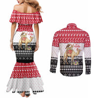Yemen Christmas Couples Matching Mermaid Dress and Long Sleeve Button Shirt with Camel Leopard Falcon Red Black White Snowflake - Wonder Print Shop