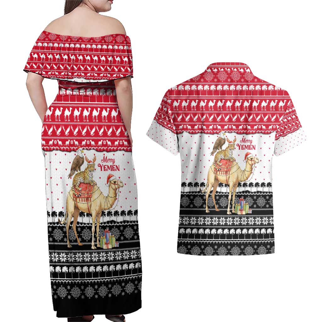 Yemen Christmas Couples Matching Off Shoulder Maxi Dress and Hawaiian Shirt with Camel Leopard Falcon Red Black White Snowflake - Wonder Print Shop