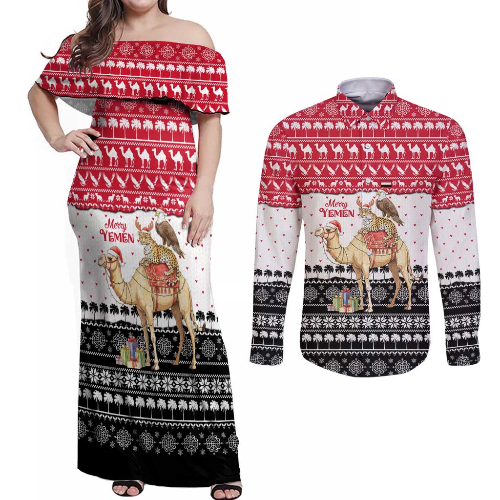 Yemen Christmas Couples Matching Off Shoulder Maxi Dress and Long Sleeve Button Shirt with Camel Leopard Falcon Red Black White Snowflake - Wonder Print Shop