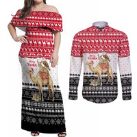 Yemen Christmas Couples Matching Off Shoulder Maxi Dress and Long Sleeve Button Shirt with Camel Leopard Falcon Red Black White Snowflake - Wonder Print Shop
