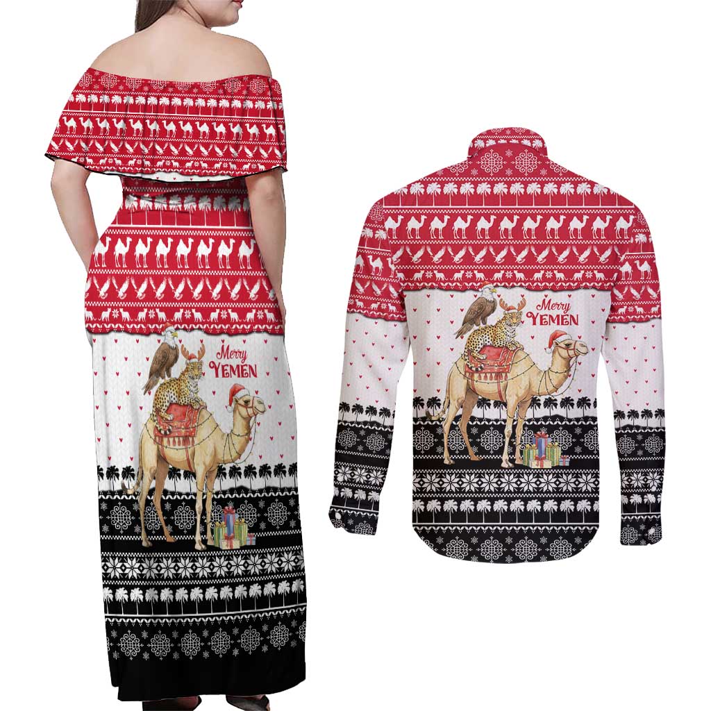 Yemen Christmas Couples Matching Off Shoulder Maxi Dress and Long Sleeve Button Shirt with Camel Leopard Falcon Red Black White Snowflake - Wonder Print Shop
