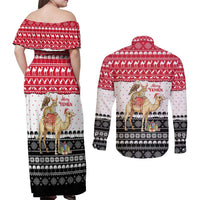 Yemen Christmas Couples Matching Off Shoulder Maxi Dress and Long Sleeve Button Shirt with Camel Leopard Falcon Red Black White Snowflake - Wonder Print Shop