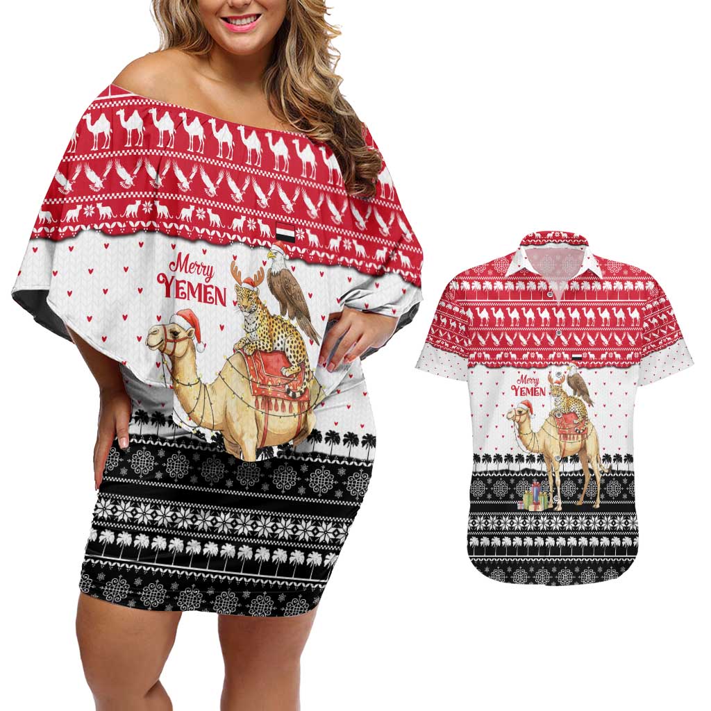 Yemen Christmas Couples Matching Off Shoulder Short Dress and Hawaiian Shirt with Camel Leopard Falcon Red Black White Snowflake - Wonder Print Shop