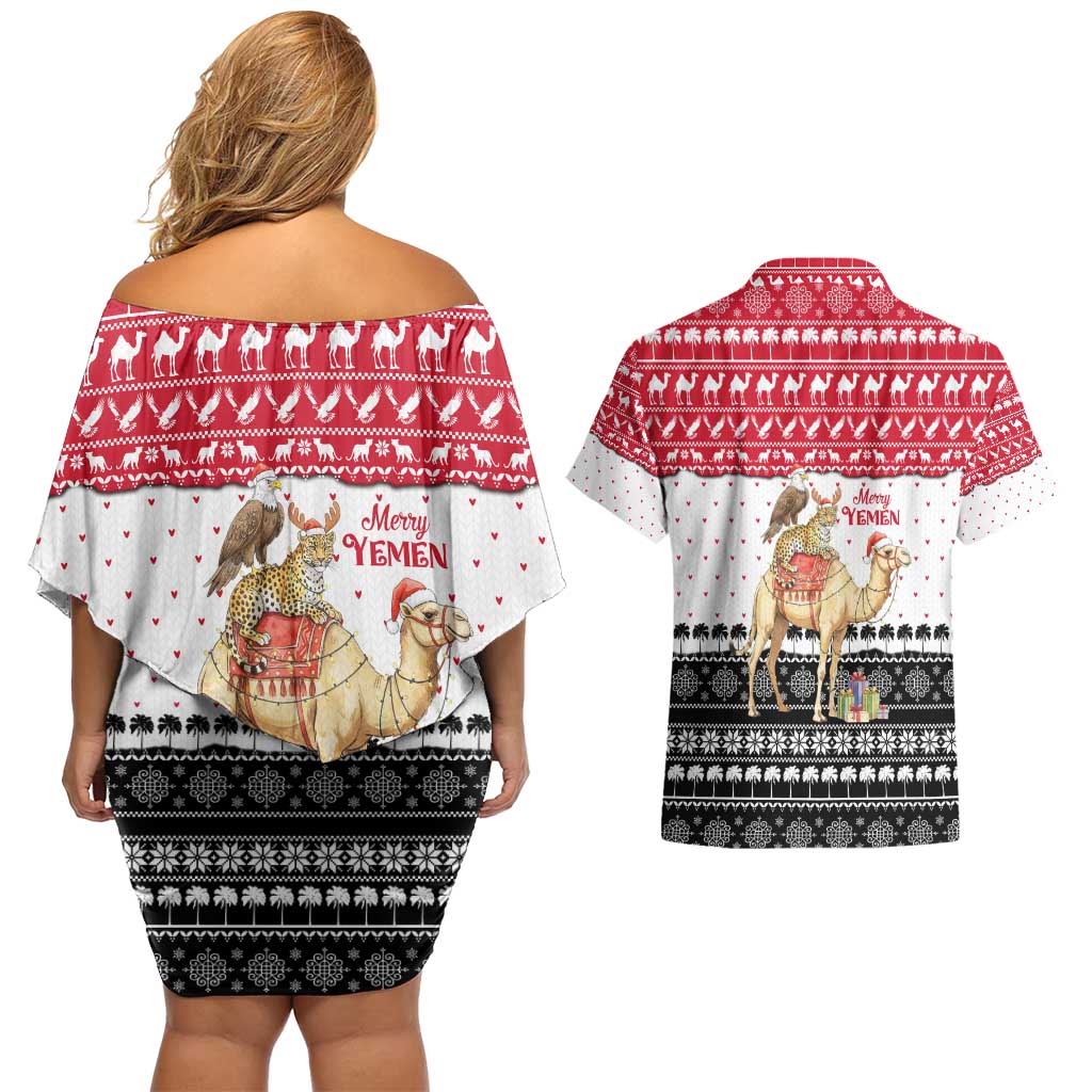 Yemen Christmas Couples Matching Off Shoulder Short Dress and Hawaiian Shirt with Camel Leopard Falcon Red Black White Snowflake - Wonder Print Shop