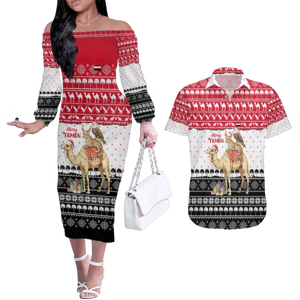 Yemen Christmas Couples Matching Off The Shoulder Long Sleeve Dress and Hawaiian Shirt with Camel Leopard Falcon Red Black White Snowflake - Wonder Print Shop