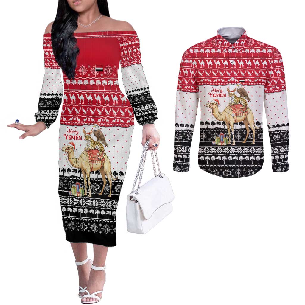 Yemen Christmas Couples Matching Off The Shoulder Long Sleeve Dress and Long Sleeve Button Shirt with Camel Leopard Falcon Red Black White Snowflake - Wonder Print Shop