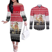 Yemen Christmas Couples Matching Off The Shoulder Long Sleeve Dress and Long Sleeve Button Shirt with Camel Leopard Falcon Red Black White Snowflake - Wonder Print Shop