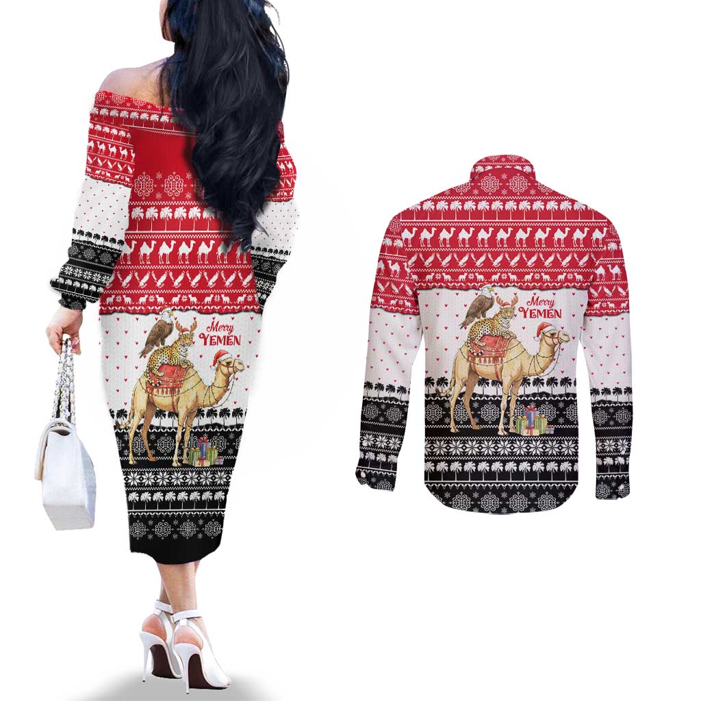 Yemen Christmas Couples Matching Off The Shoulder Long Sleeve Dress and Long Sleeve Button Shirt with Camel Leopard Falcon Red Black White Snowflake - Wonder Print Shop