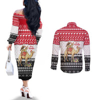 Yemen Christmas Couples Matching Off The Shoulder Long Sleeve Dress and Long Sleeve Button Shirt with Camel Leopard Falcon Red Black White Snowflake - Wonder Print Shop