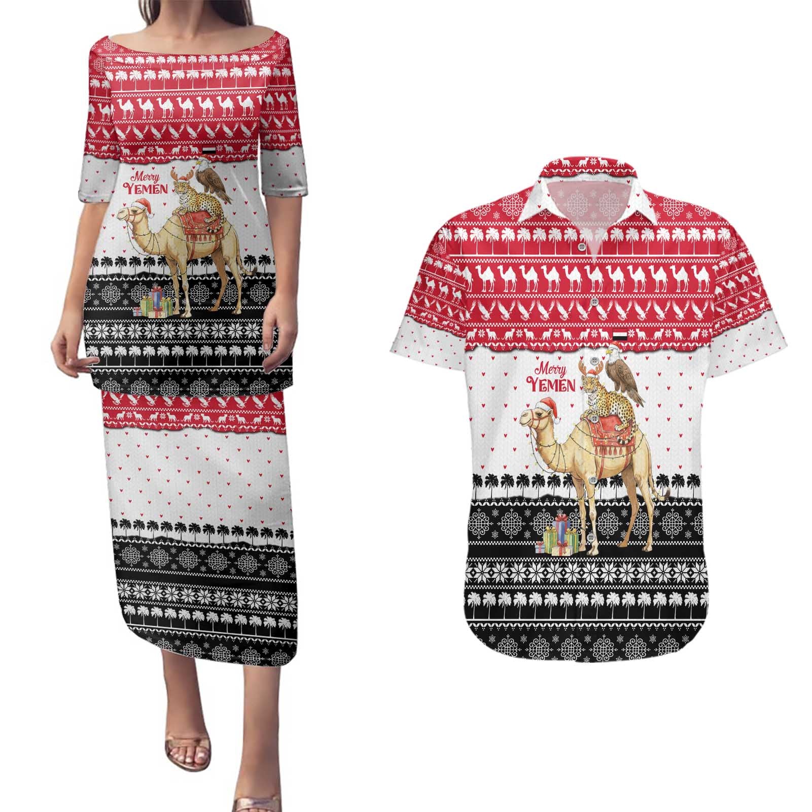 Yemen Christmas Couples Matching Puletasi and Hawaiian Shirt with Camel Leopard Falcon Red Black White Snowflake - Wonder Print Shop